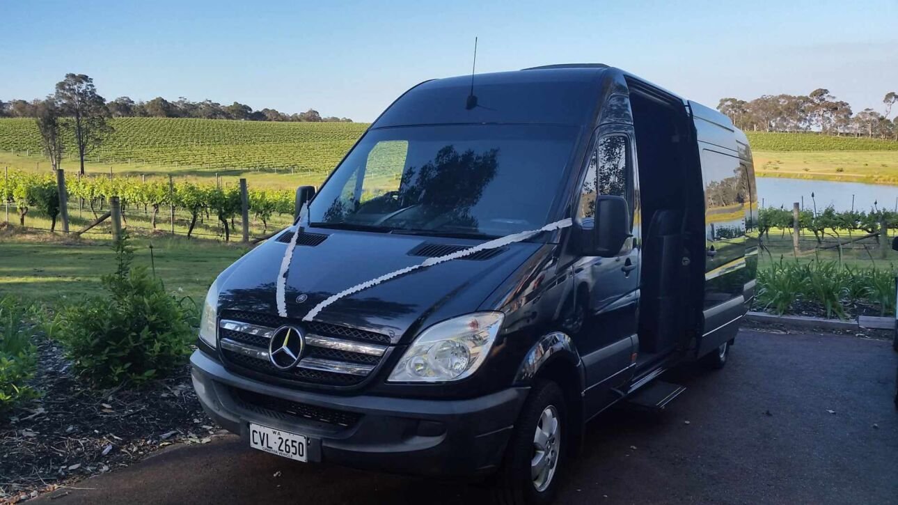 The exterior of Party Charter Perth's Limo Van, a 14-seater party bus.