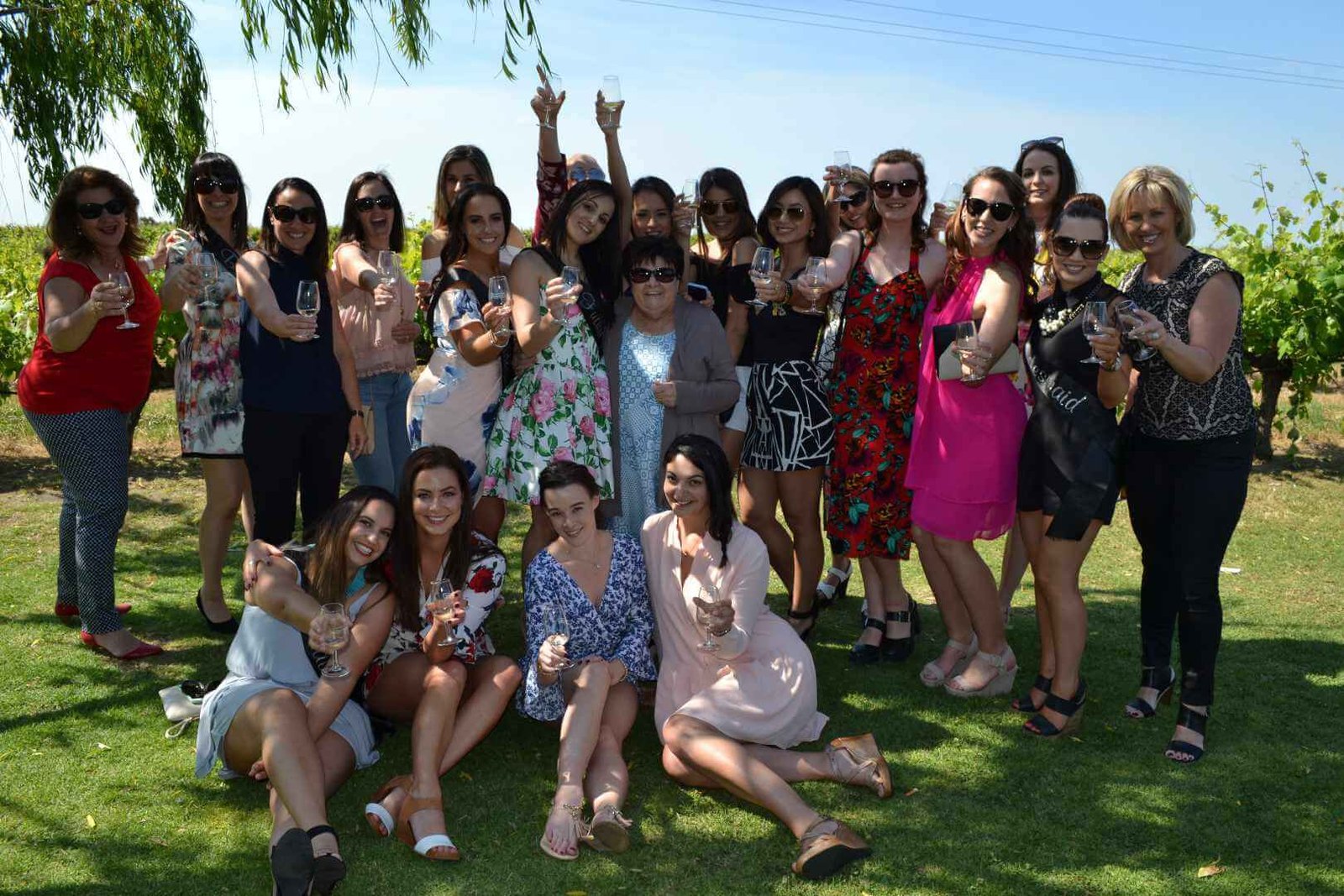 A group of women pose happily outdoors while holding wine glasses in a vineyard during a wine tasting event.